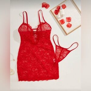 NEW Red Lace Cutout Lingerie Dress Set with Thong